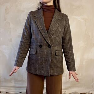 Brown Plaid Houndstooth Blazer Oversized for size S Double Breasted Women’s